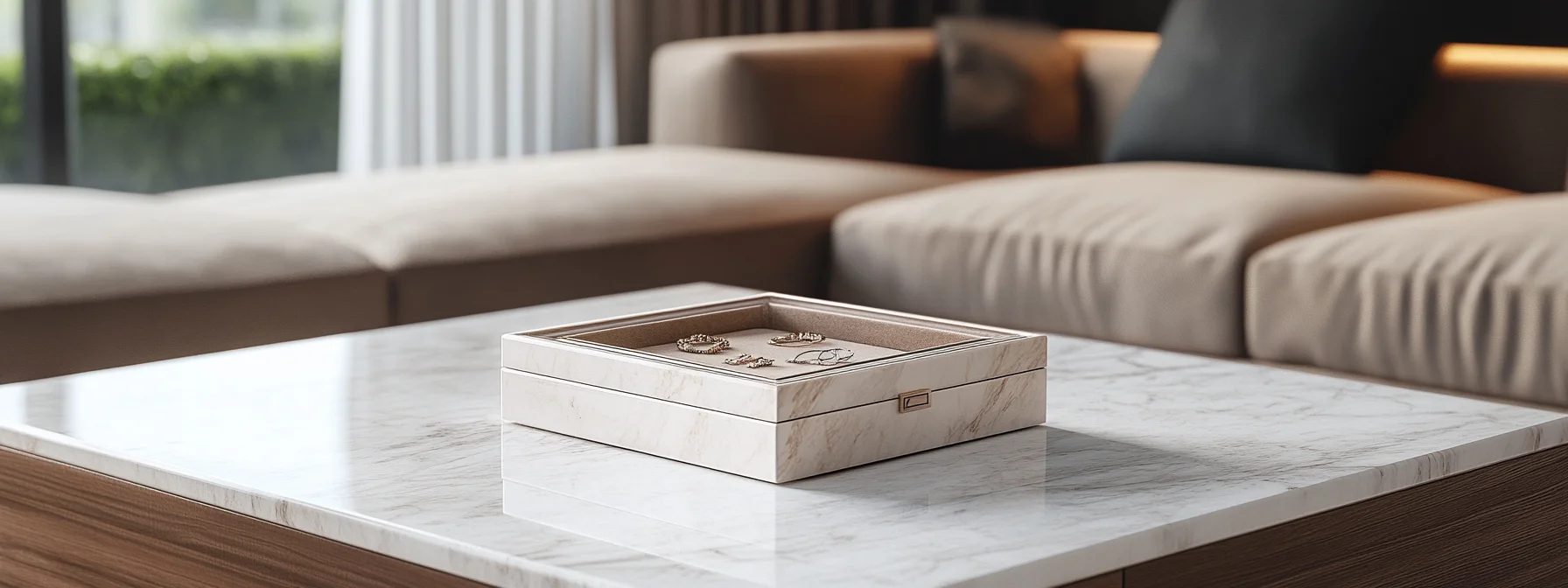 Stylish customizable jewelry box with a velvet jewelry box organizer on a sleek table.